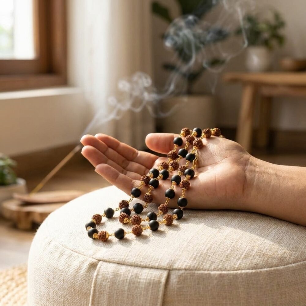 Karungali Rudraksh 5 Mukhi Mala lifestyle photo draped over open palm on meditation cushion - ebony wood spiritual mala