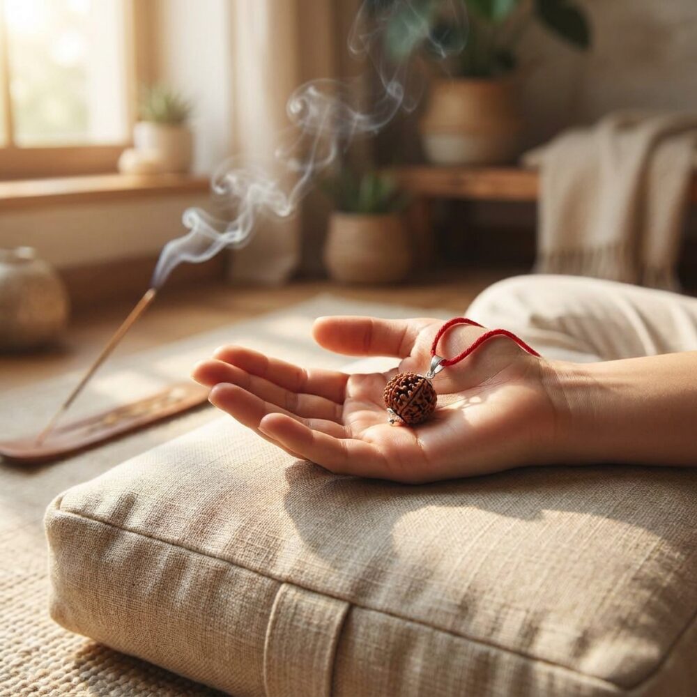 5 Mukhi Nepali Rudraksh Mala lifestyle photo draped over open palm on meditation cushion - spiritual japa mala