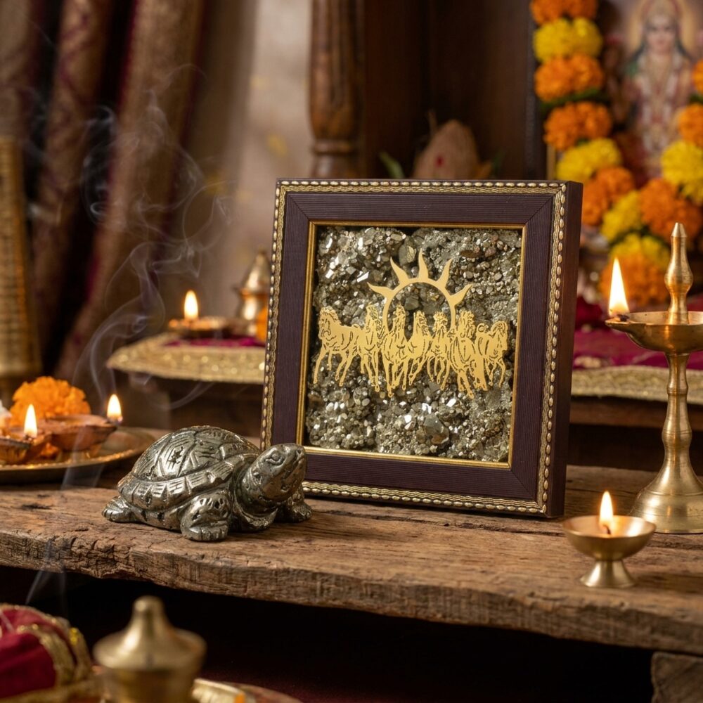 Pyrite Tortoise and 7 Horses Combo lifestyle photo on altar shelf with diya candlelight - Vastu wealth and prosperity set
