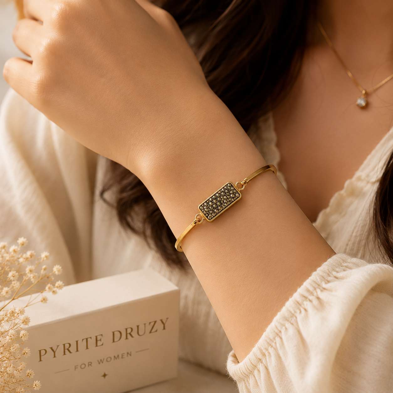 Pyrite Druzy Bracelet for Women | Gold Plated Wealth Bangle