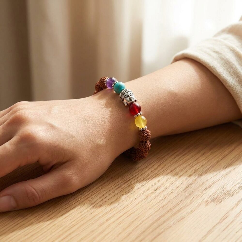 7 Chakra Rudraksh Bracelet worn on wrist lifestyle photo on wood surface with natural light