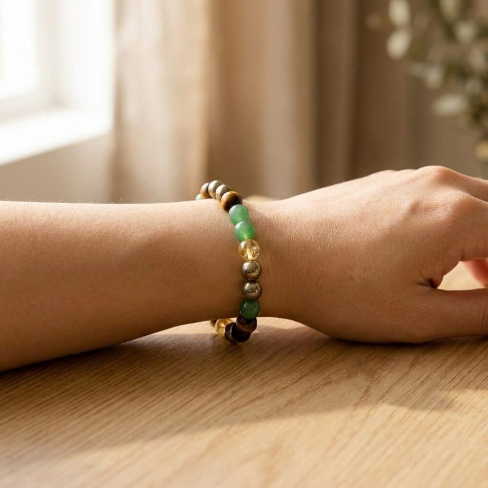 Money Magnet Bracelet worn on wrist lifestyle photo on wood surface with natural light