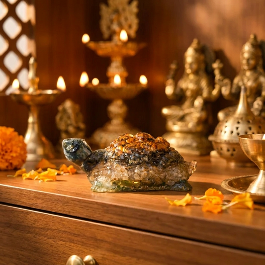 Vastu Dhan Yog Tortoise placed on home altar shelf with diya lamps and marigold petals
