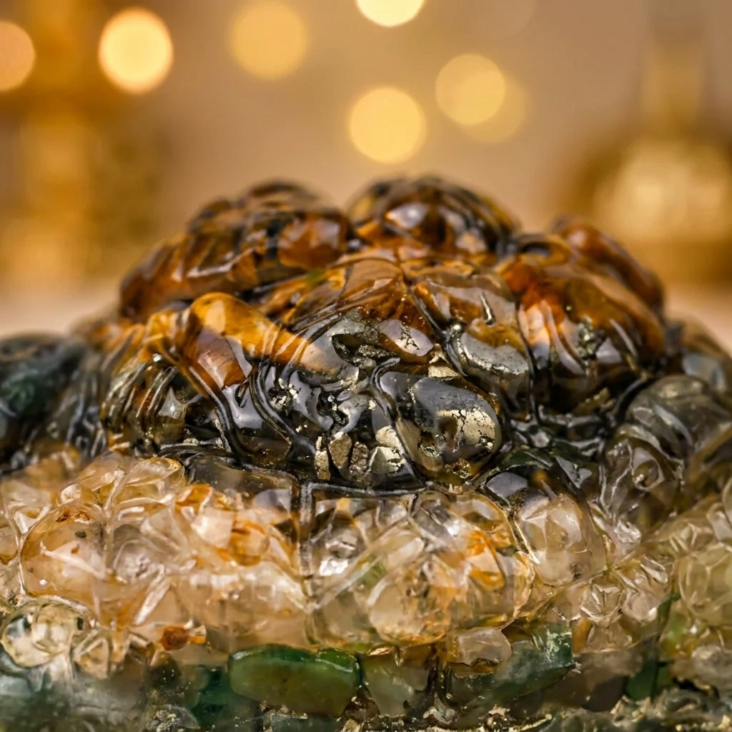 Close-up macro shot of Tiger Eye, Pyrite, Citrine and Green Aventurine crystal shell detail