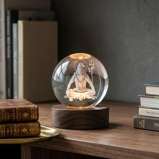 A clear glass decorative sphere containing a seated figure of mahadev, displayed on a dark wooden base on a wooden bookshelf with books around it.