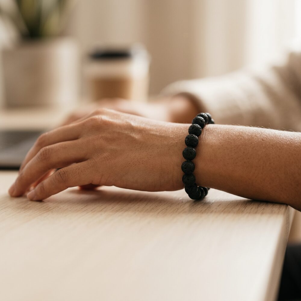 Lava Stone Bracelet worn on wrist lifestyle photo on wood surface with natural light