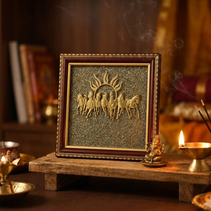 7 Horses Raw Pyrite Frame lifestyle photo on altar shelf with diya candlelight - Vastu Feng Shui wealth and success symbol