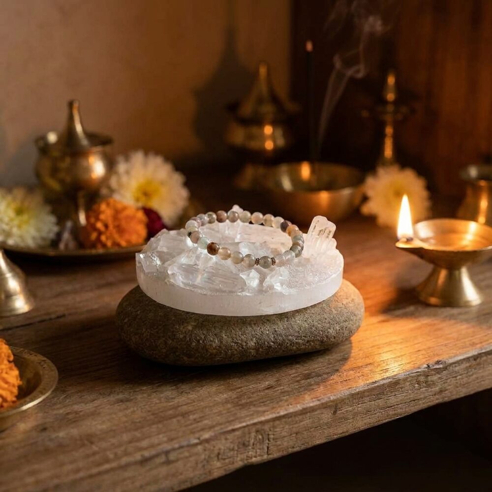 Raw Selenite Cleansing Plate lifestyle photo on altar shelf with diya candlelight - natural crystal charging plate