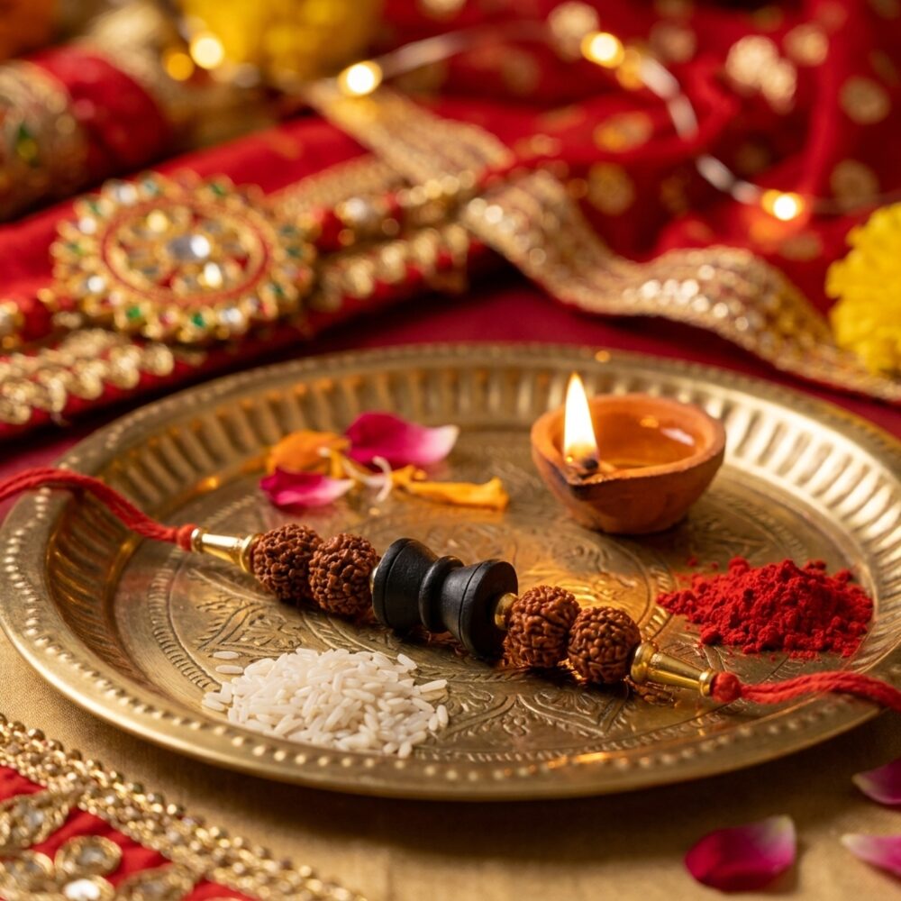 Rudraksh Karungali Rakhi for Brother lifestyle photo on festive thali with diya - spiritual protection rakhi