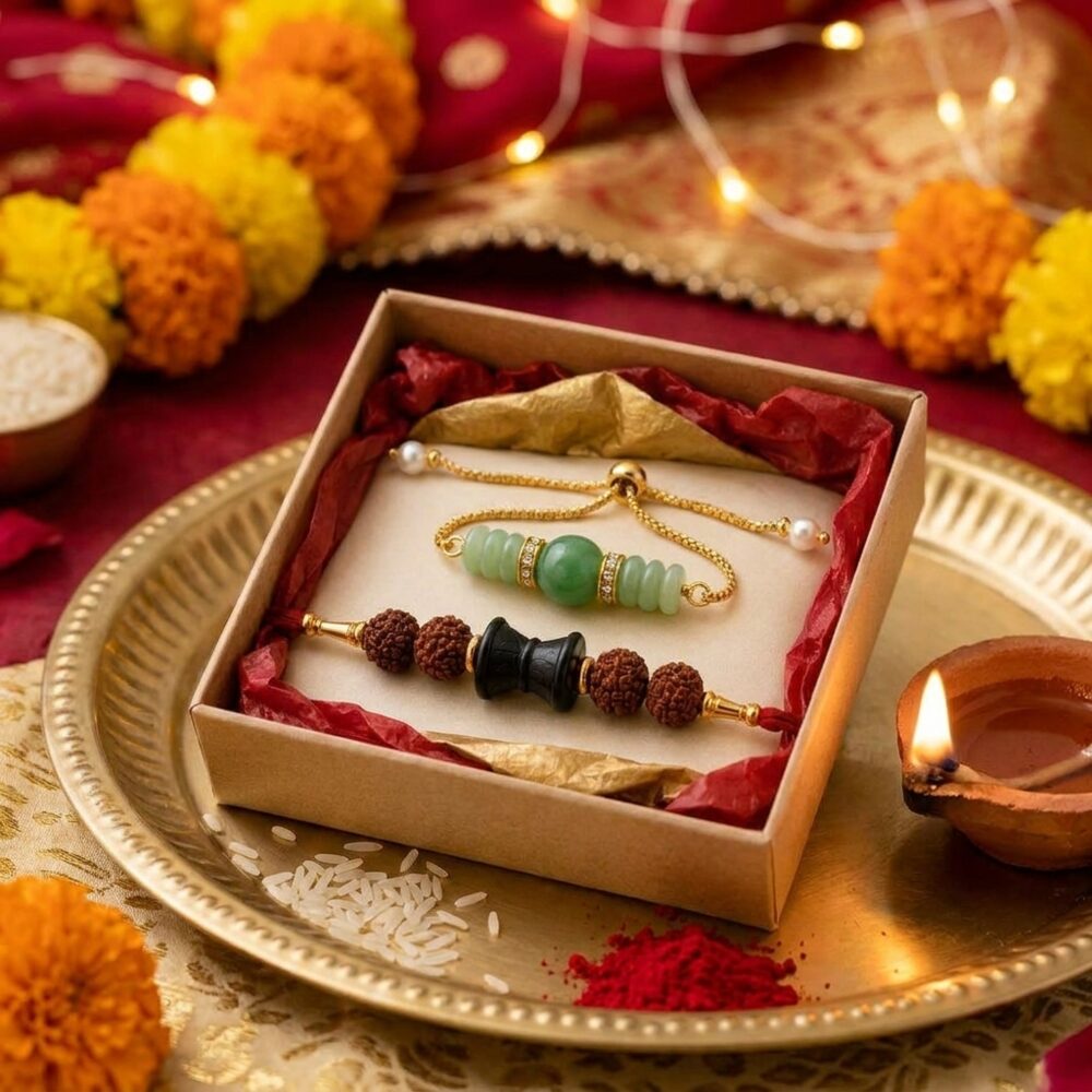 Bhaiya-Bhabhi Rakhi Combo Rudraksh Karungali and Green Aventurine Set lifestyle photo on festive thali with diya