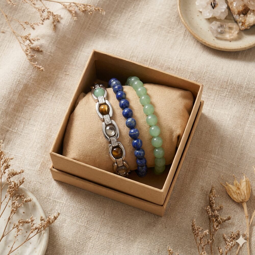 Career Growth Bracelet Combo flat lay lifestyle photo in gift box - Lapis Lazuli Green Aventurine Money Magnet set