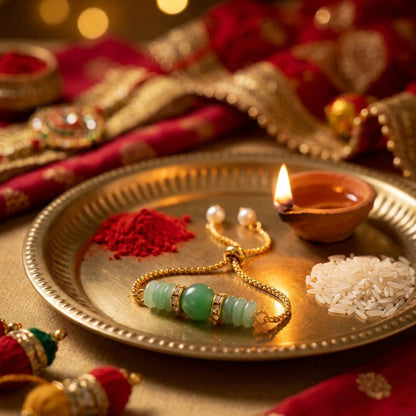 Green Aventurine Rakhi lifestyle photo on festive thali with diya - adjustable rakhi for Bhabhi Sister