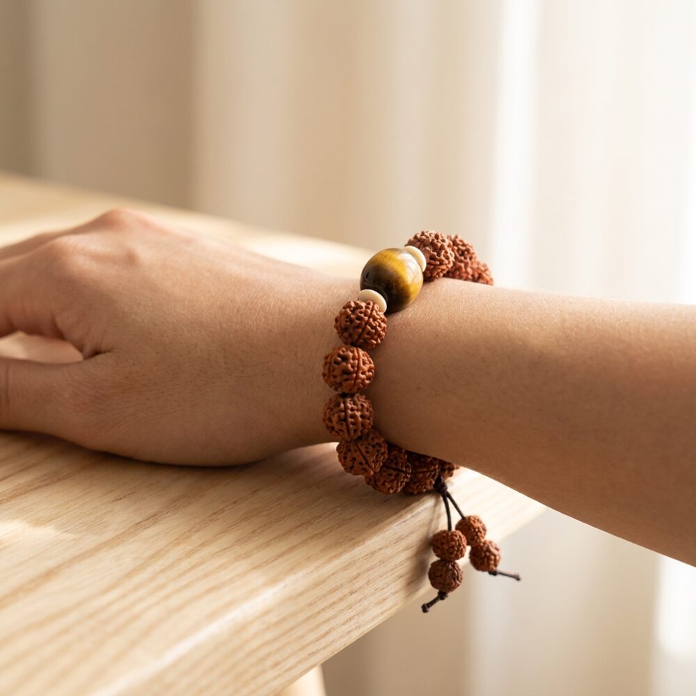 5 Mukhi Rudraksh Bracelet worn on wrist lifestyle photo on wood surface with natural light