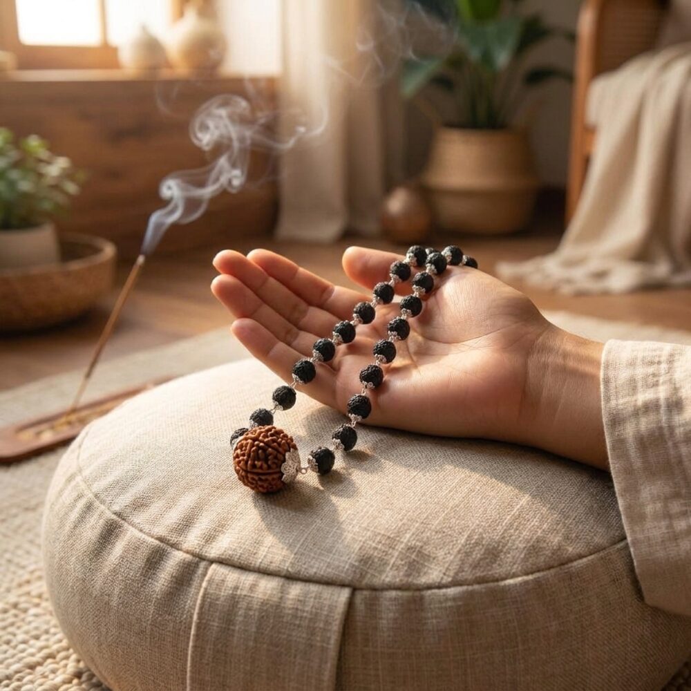 Silver Plated Karungali Rudraksha Mala Necklace lifestyle photo draped over open palm on meditation cushion