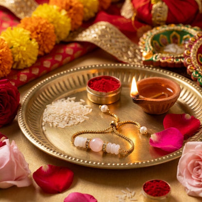 Rose Quartz Rakhi lifestyle photo on festive thali with diya - adjustable rakhi for Bhabhi Sister