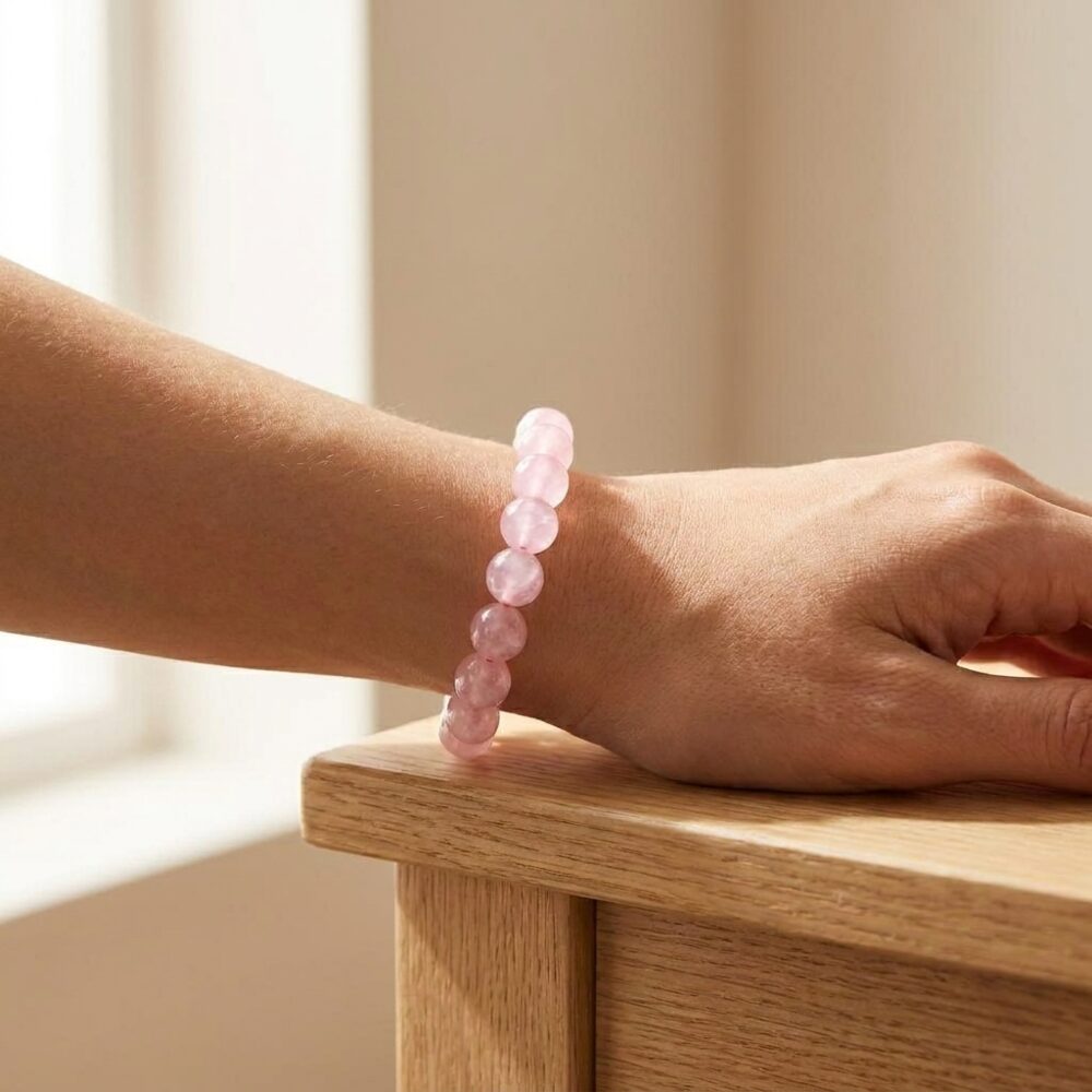 Rose Quartz Bracelet worn on wrist lifestyle photo on wood surface with natural light