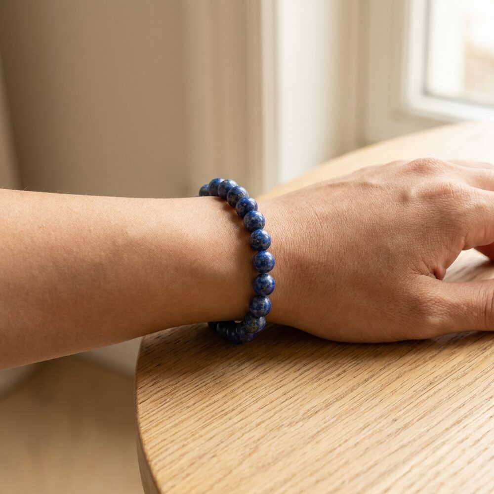 Lapis Lazuli Bracelet worn on wrist lifestyle photo on wood surface with natural light