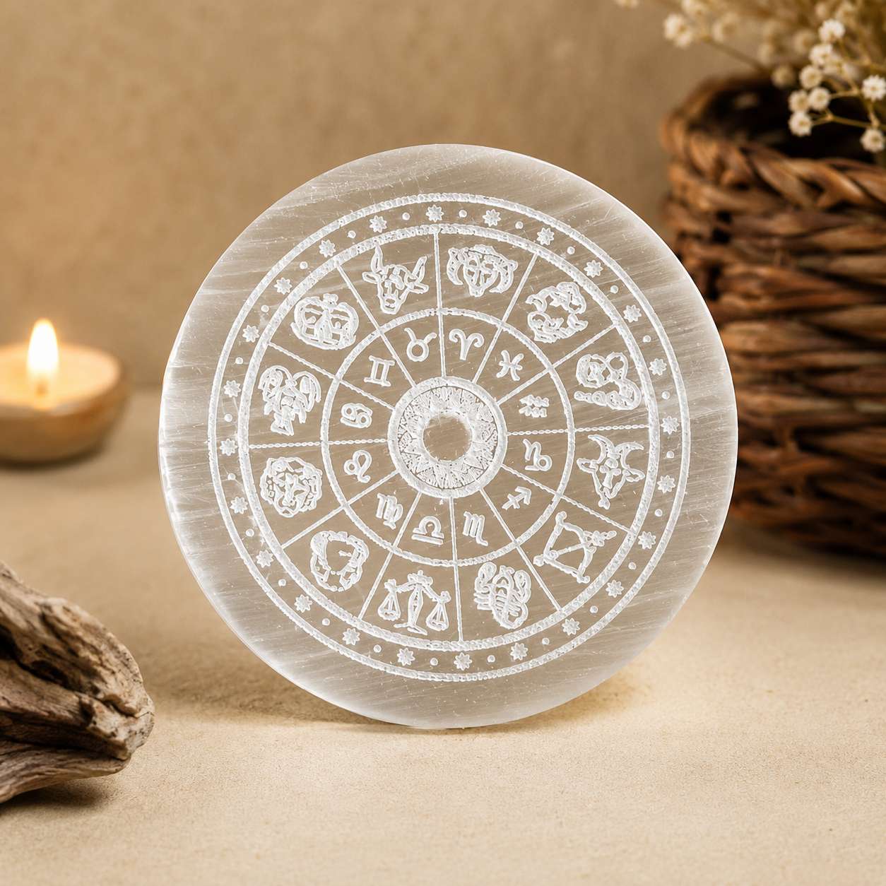 Zodiac Wheel Selenite Plate | All 12 Signs Crystal Charging Plate