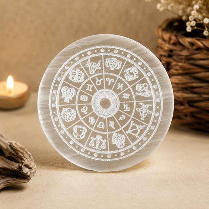 Zodiac Wheel Selenite Plate | All 12 Signs Crystal Charging Plate