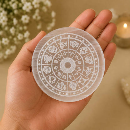Zodiac Wheel Selenite Plate | All 12 Signs Crystal Charging Plate