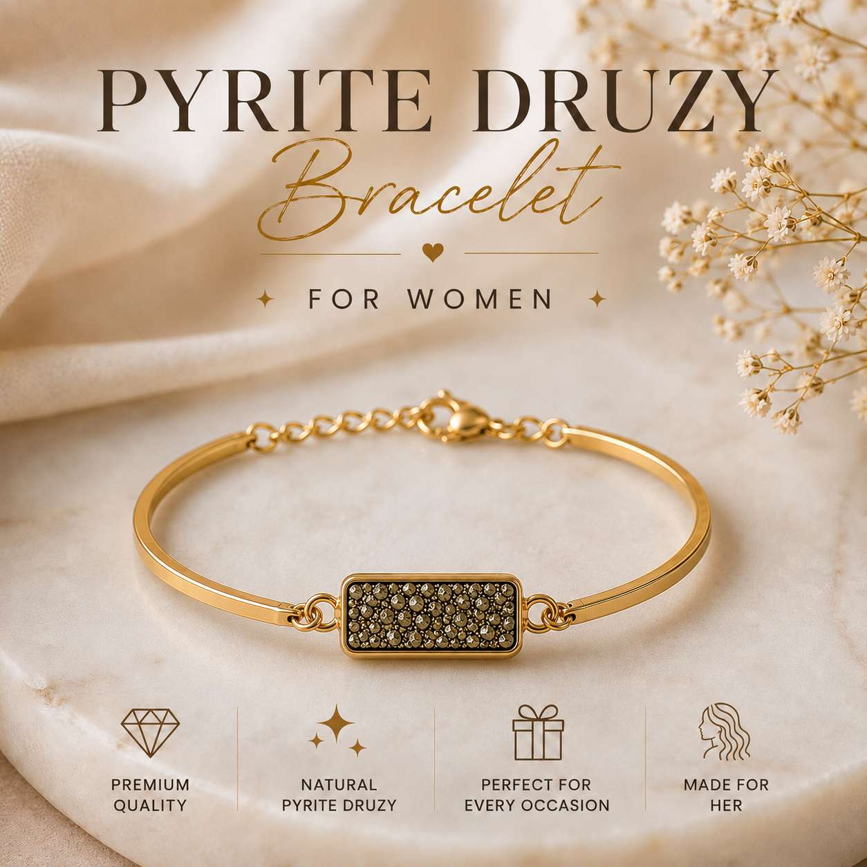 Pyrite Druzy Bracelet for Women | Gold Plated Wealth Bangle