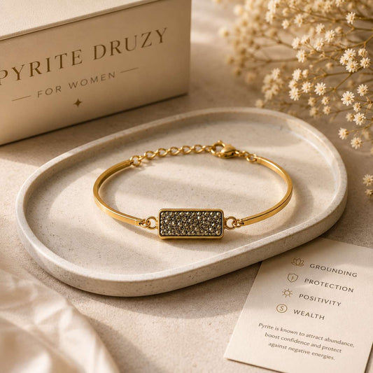 Pyrite Druzy Bracelet for Women | Gold Plated Wealth Bangle
