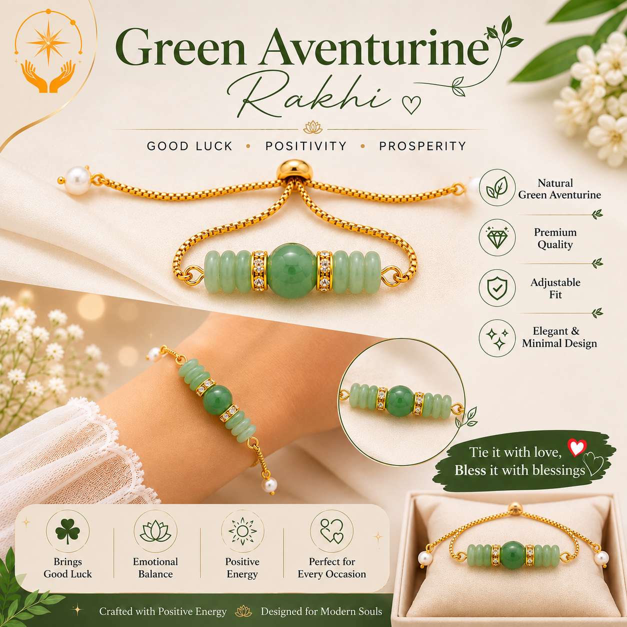 Green Aventurine adjustable bracelet included in Bhaiya-Bhabhi combo set