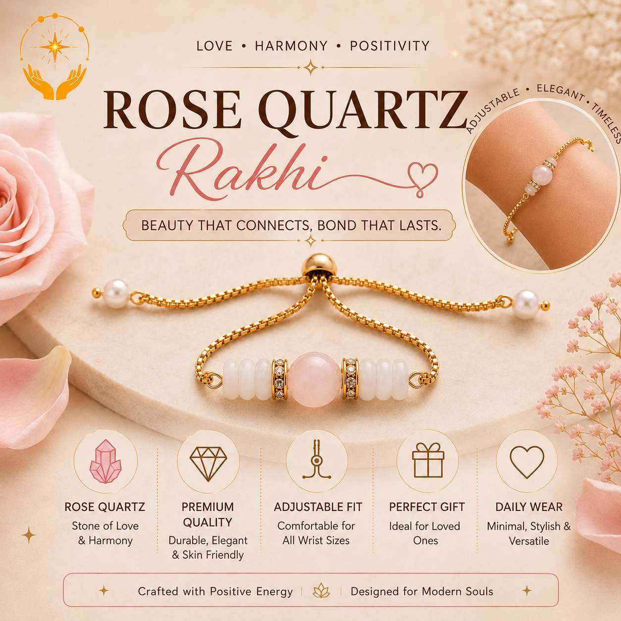 Bhaiya-Bhabhi Rakhi Combo | Rudraksh Karungali & Rose Quartz Set