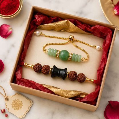 Bhaiya-Bhabhi Rakhi Combo | Rudraksh Karungali & Green Aventurine Set