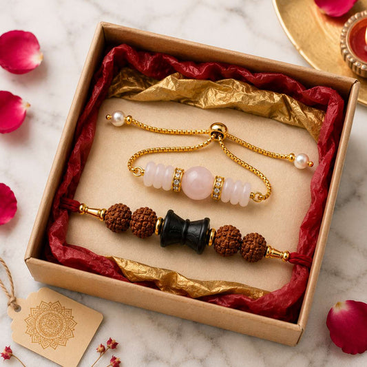 Bhaiya-Bhabhi Rakhi Combo | Rudraksh Karungali & Rose Quartz Set