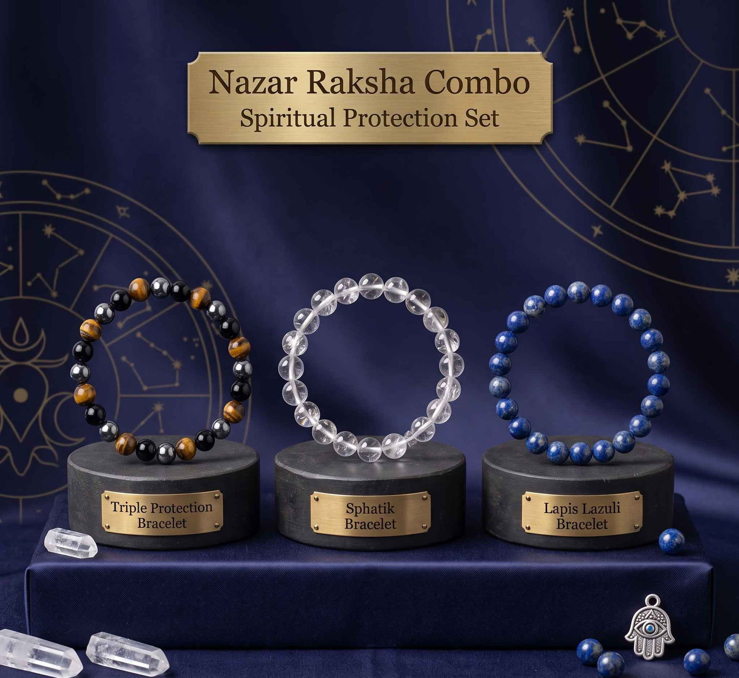 Nazar Raksha Combo | Triple Protection, Sphatik & Lapis Lazuli Bracelet Set