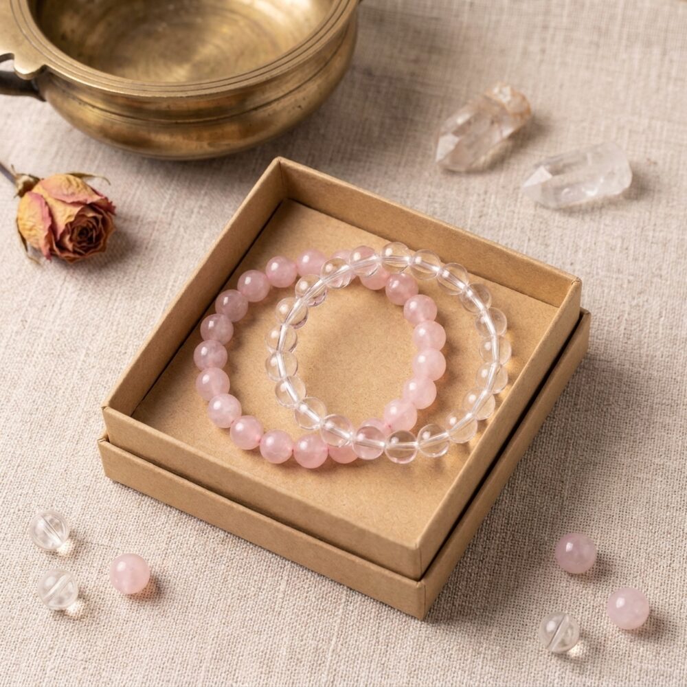 Love and Harmony Bracelet Combo flat lay lifestyle photo in gift box - Rose Quartz Sphatik set