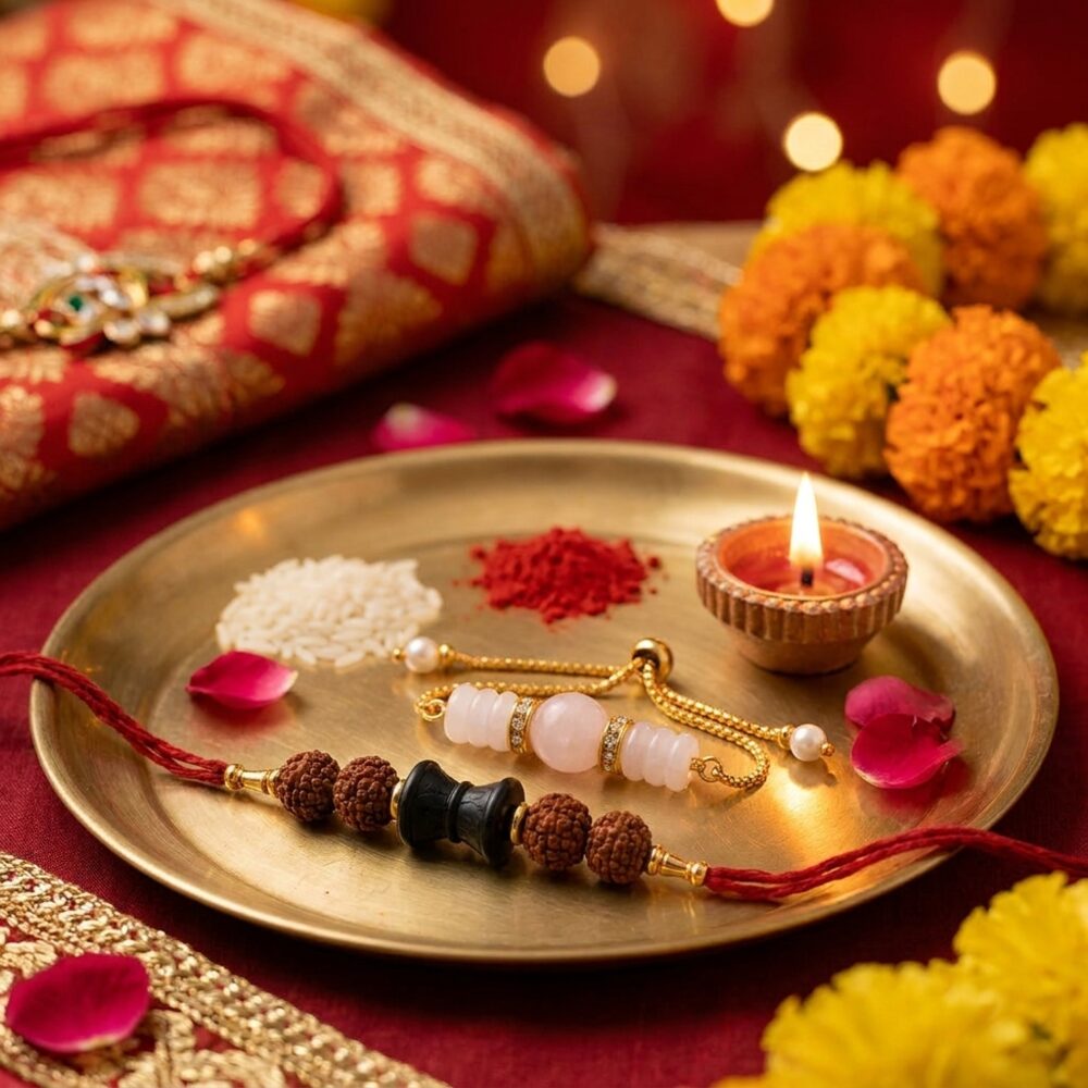 Bhaiya-Bhabhi Rakhi Combo Rudraksh Karungali and Rose Quartz Set lifestyle photo on festive thali with diya