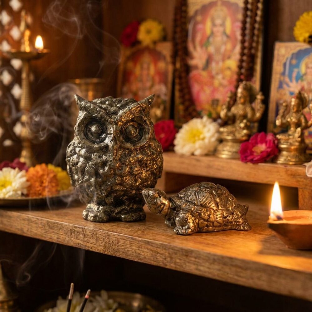 Pyrite Tortoise and Owl Combo lifestyle photo on altar shelf with diya candlelight - Vastu wealth and wisdom set