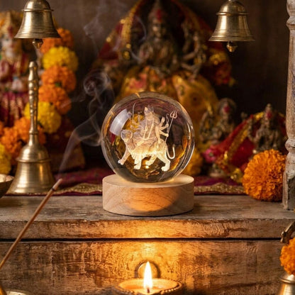 3D Maa Durga Crystal Ball with LED wooden base lifestyle photo on altar shelf with diya candlelight - spiritual home decor