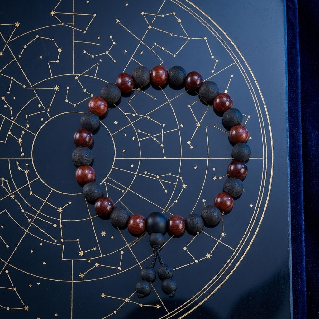 Bracelet with Sandalwood and Karungali Beads on a star map background