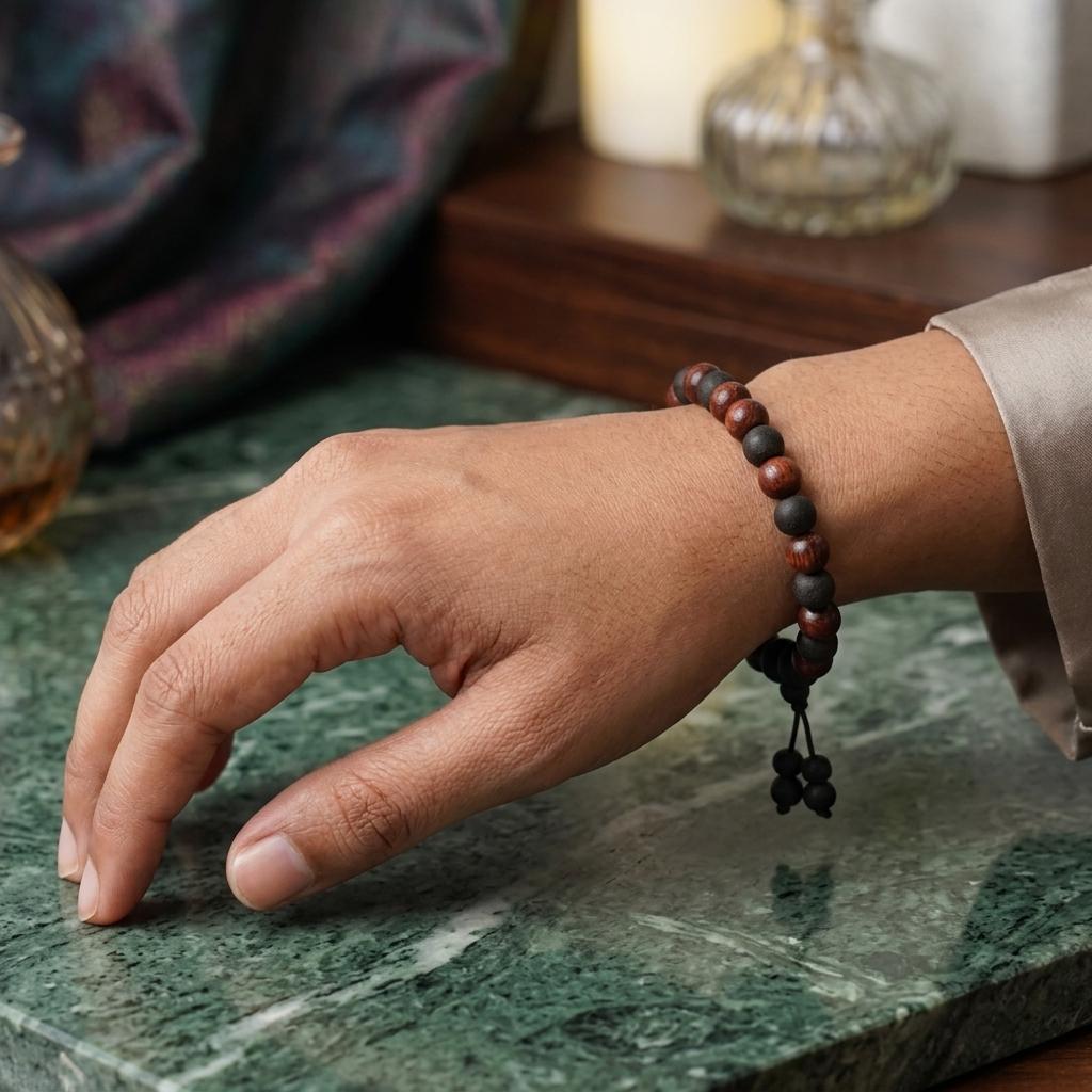 Hand wearing a beaded bracelet on a marble surface with a blurred background