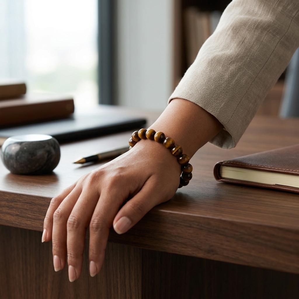 Hand wearing a Tiger Eye bracelet on a desk with books and a pen
