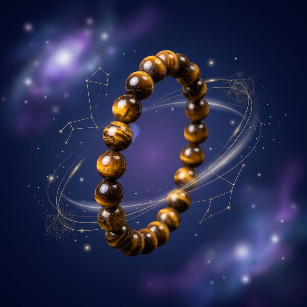 Tiger eye beaded bracelet on a cosmic background with constellations.