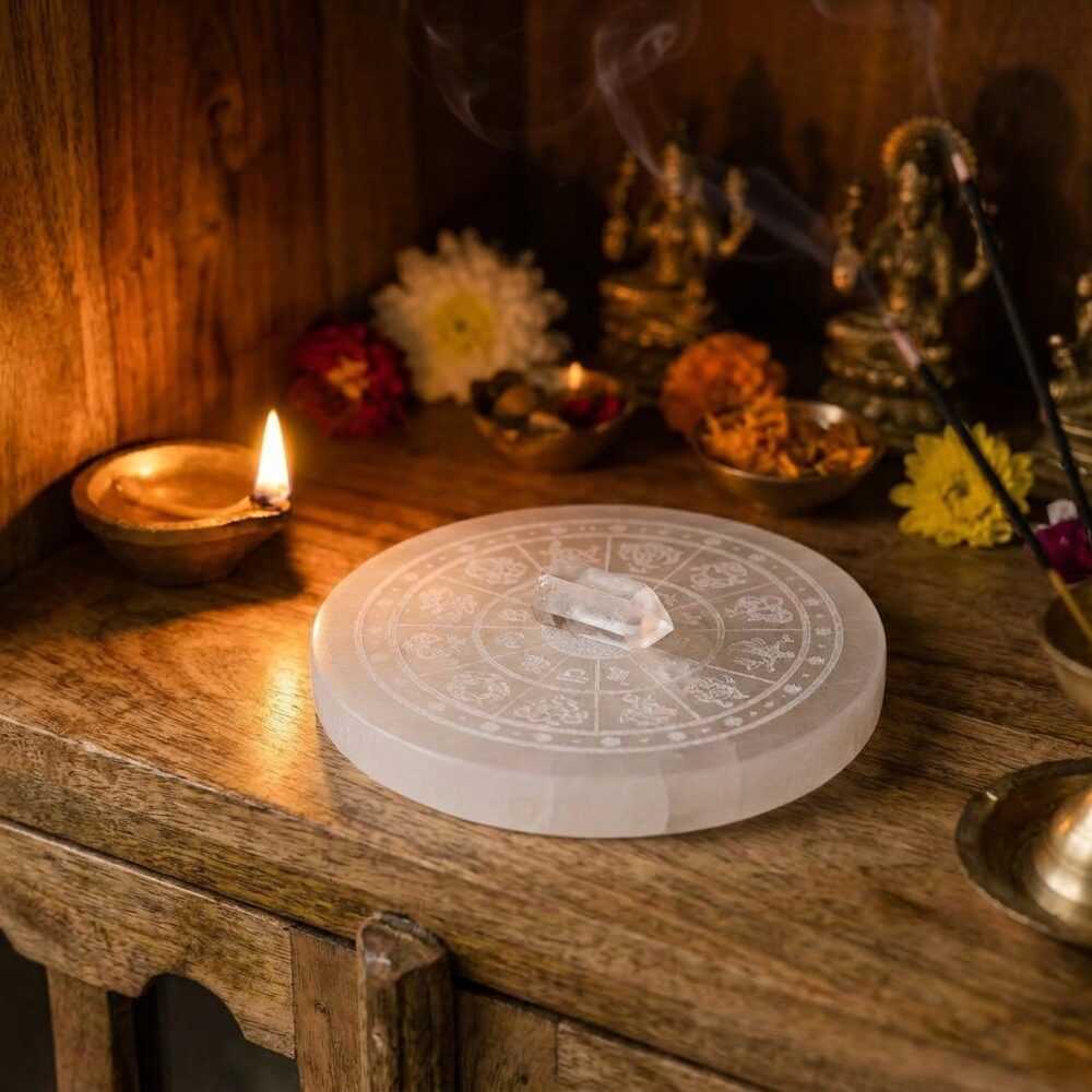 Zodiac Wheel Selenite Plate lifestyle photo on altar shelf with diya candlelight - crystal charging plate all 12 signs