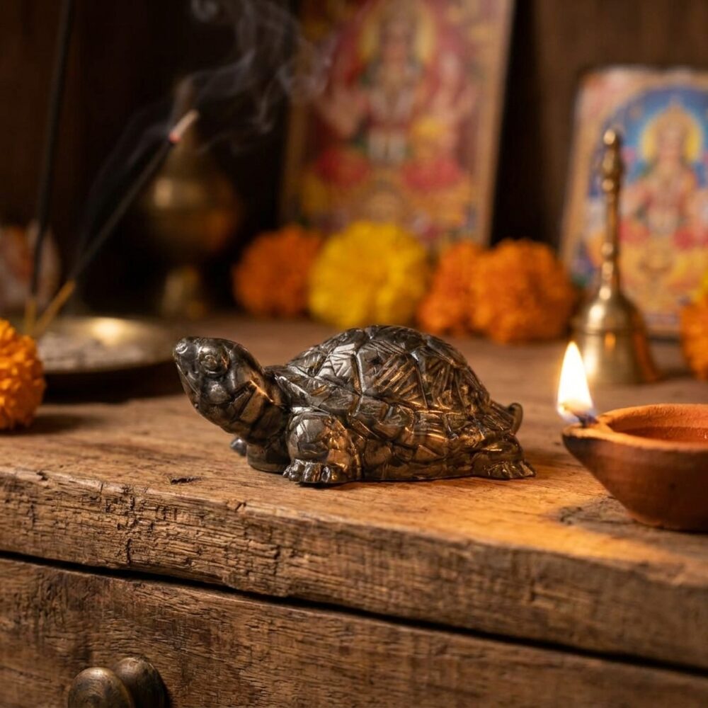 Pyrite Tortoise Figurine lifestyle photo on altar shelf with diya candlelight - Vastu symbol for wealth stability and longevity