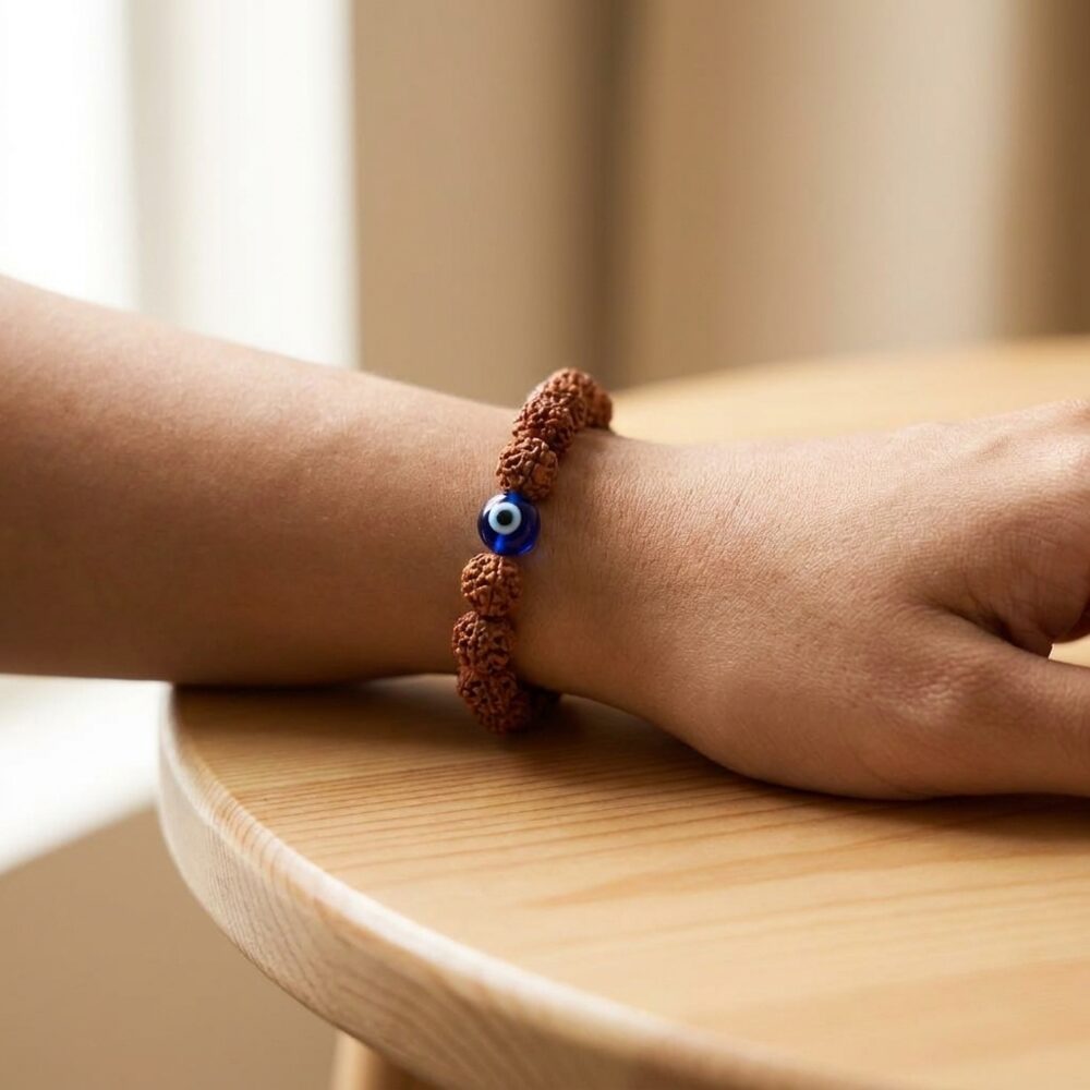5 Mukhi Rudraksh Nazar Raksha Bracelet worn on wrist lifestyle photo on wood surface with natural light