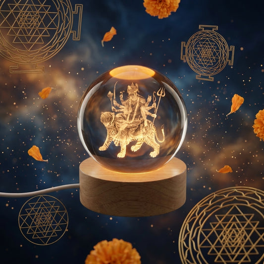 3D Maa Durga Crystal Ball with LED Wooden Base