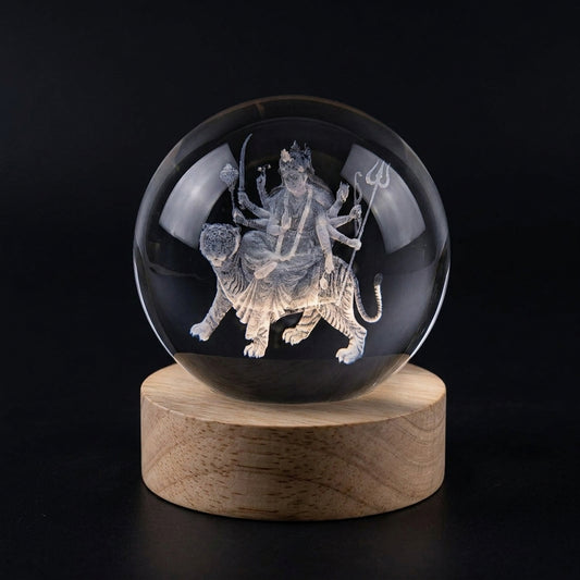 3D Maa Durga Crystal Ball with LED Wooden Base