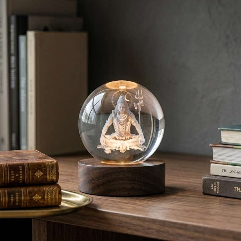 A clear glass decorative sphere containing a seated figure of mahadev, displayed on a dark wooden base on a wooden bookshelf with books around it.