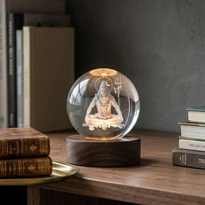A clear glass decorative sphere containing a seated figure of mahadev, displayed on a dark wooden base on a wooden bookshelf with books around it.