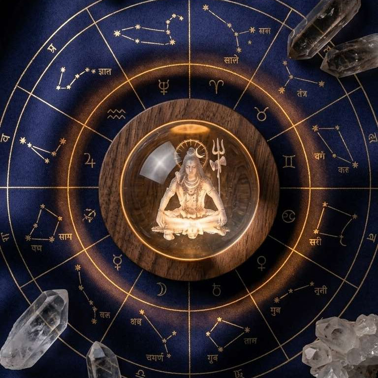 A circular zodiac wheel with golden astrological charts and symbols on a deep navy blue fabric background, surrounded by clear quartz crystal points. In the center, a glowing golden mahadev idol sits within a wooden frame.