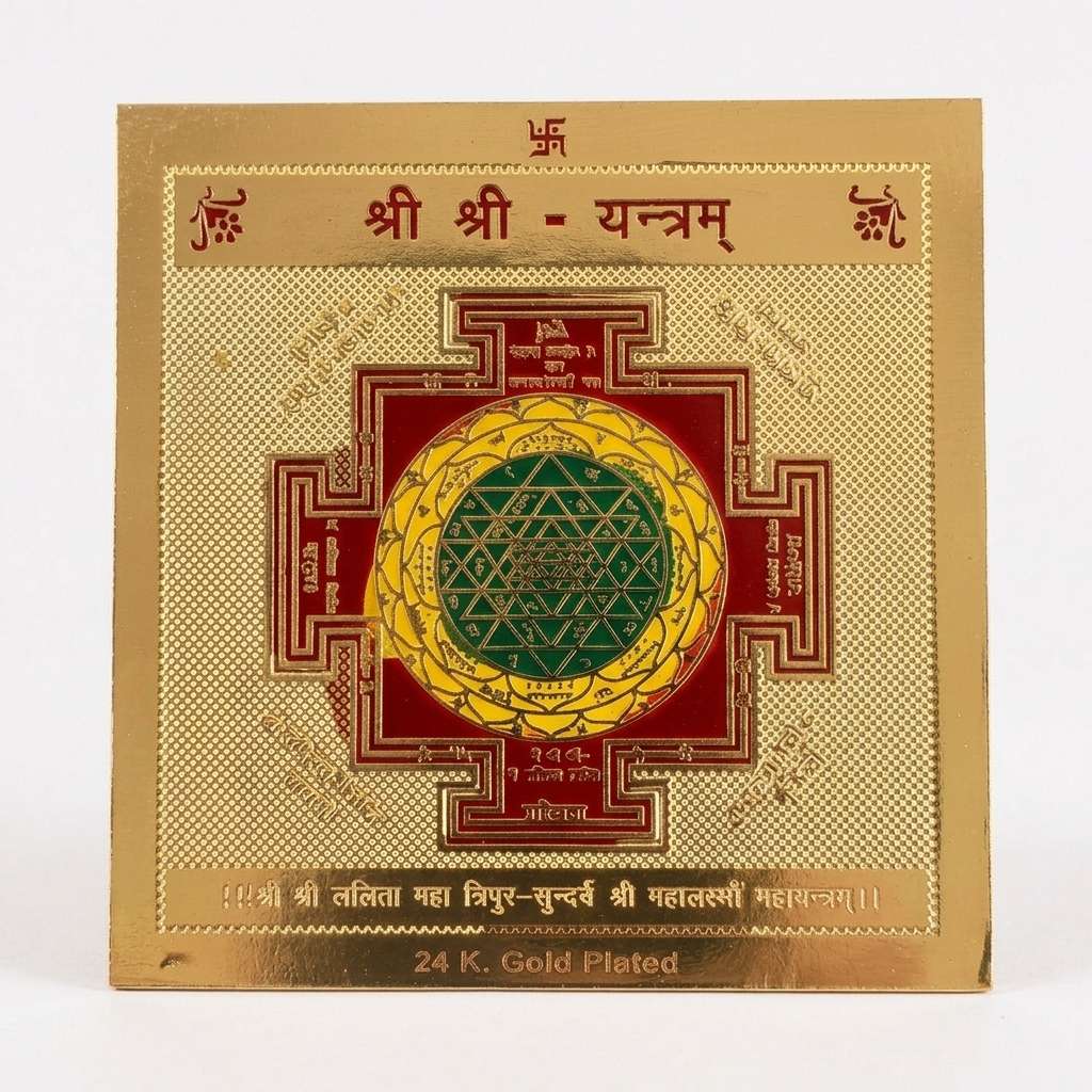 Decorative panel with a Sri Yantra symbol on a gold background