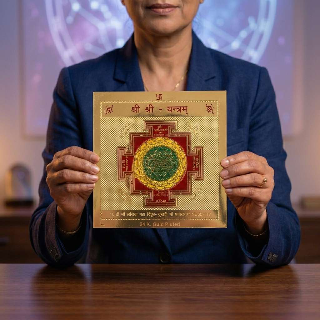 Person holding a gold and red decorative item with intricate designs